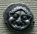 Gorgon head. Silver coin from Athens, about 520 BC.