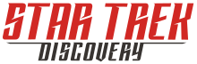 Against a beige background featuring the Starfleet logo, the words Star Trek are written in red with the word Discovery written in black underneath.