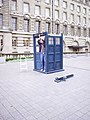 A TARDIS prop being assembled in London, 2006. Uploaded from Flickr.