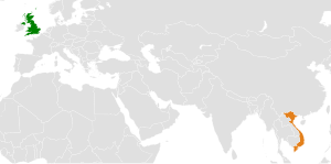 Mapa indicando localização do Reino Unido e do Vietnã.