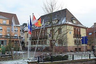 Bandera blasonada en Niederbronn-les-Bains.