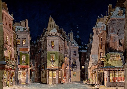 Set design for Act 2 of La bohème, by Adolfo Hohenstein (restored by Adam Cuerden)