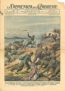 Prima pagina de La Domenica del Corriere, 9 marzo 1941: "La riconquista di Castelrosso. L'isoletta di Castelrosso nel Dodecaneso, sulle quali gli inglesi avevano compiuto uno sbarco, viene riconquistata da Marinai e Camicie nere italiani: sbarcati a loro volta, essi travolgono il presidio nemico, facendo prigionieri e conquistando una bandiera britannica".