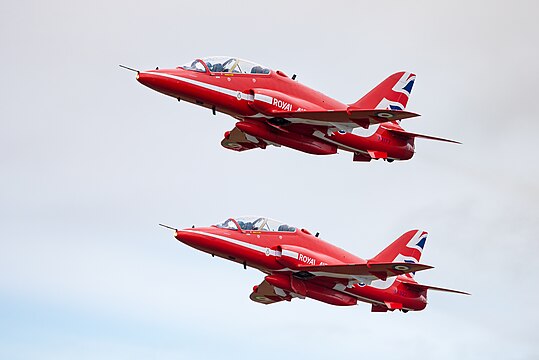 Red Arrows in formation flight at the Royal International Air Tattoo 2023. The BAe Hawk T.1A aircraft in the photo are reg. XX177 on top, reg. XX322 below.