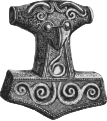 Drawing of a silver-gilted Thor's hammer found in Scania, Sweden