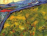 A bright squarish painting of a wheatfield, a river, houses, mountains and the rising sun.