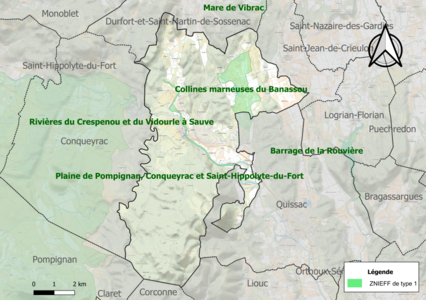 Carte des ZNIEFF de type 1 sur la commune.