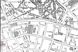 Detail of 1911 map of Boston, showing Globe Theatre at corner of Beach St. and Washington St.