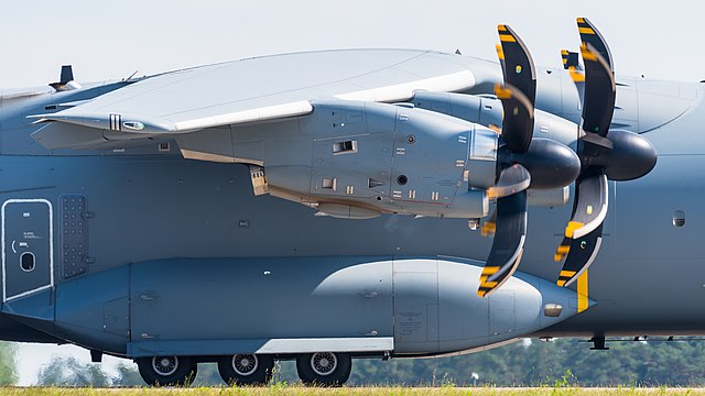 German Air Force Airbus A400M (reg. 54+01, cn 018) at ILA Berlin Air Show 2016. Visible are two of the Europrop TP400 engines and the main landing gear.