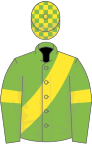 Light green, yellow sash and armlet, check cap