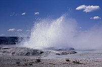 Geyser erupts up and blows sideways from a pool.