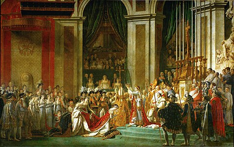 The coronation of Napoleon I, on 2 December 1804 at Notre-Dame, as portrayed in the 1807 painting The Coronation of Napoleon by Jacques-Louis David