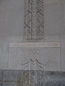 The cornerstone on the facade, which is modified to contain the words "The Bank of New York"