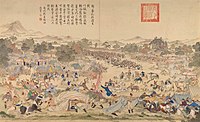 The Battle of Oroi-Jalatu, 1756. Chinese general Zhao Hui attacked the Zunghars at night in present Wusu, Xinjiang. Painting by Giuseppe Castiglione