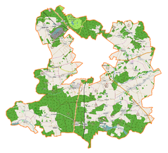 Mapa konturowa gminy wiejskiej Lubin, na dole nieco na prawo znajduje się punkt z opisem „Pałac w Raszowej”