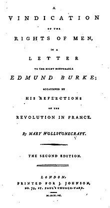 Lê-se na título "Uma Reivindicação dos Direitos dos Homens, em uma Carta para o O Muito Honorável Edmund Burke; Ocasionada por suas Reflexões sobre a Revolução Francesa. Por Mary Wollstonecraft. Segunda Edição. Londres: Impresso por J. Johnson, nº 72, Catedral de São Paulo. M.DCC.XC."