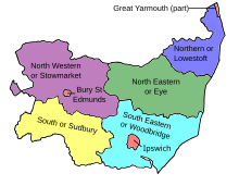 Map of parliamentary constituencies in Suffolk 1885–1918