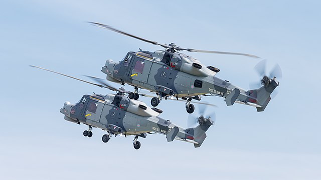 United Kingdom Royal Navy Black Cats display team AgustaWestland AW159 Wildcat HMA2 (reg. ZZ375, cn 494 and reg. ZZ515, cn 520) at ILA Berlin Air Show 2016.