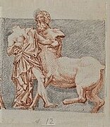 Drawing of a man fighting a centaur.