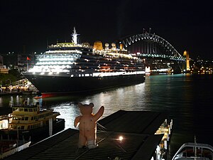 MS Queen Victoria docked for the first time in Sydney is greeted by a bandaged bear.