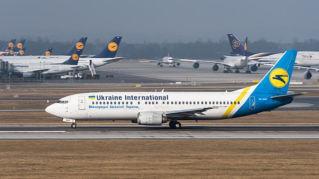 Ukraine International Airlines (UIA) Boeing 737-4Z9 (reg. UR-GAO) at Munich Airport (IATA: MUC; ICAO: EDDM).