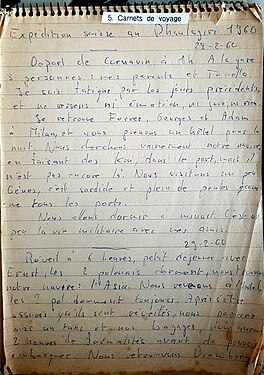 Première page du carnet de voyage de Michel Vaucher lors de l'expédition de 1960.