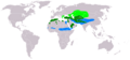 Dark green: all-year. Light green: breeding only. Blue: wintering only