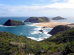 Cap Maria Van Diemen tombolo, cap Reinga, péninsule d'Aupouri, Nouvelle-Zélande