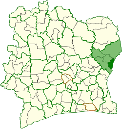 Location in Gonougo Region (brighter green) and Ivory Coast. Transua Department has retained the same boundaries since its creation in 2008.