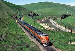 Eastward California Zephyr just east of Altamont Pass, February 1970.