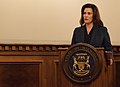 Image 12Governor Gretchen Whitmer speaking at a National Guard ceremony in 2019 (from Michigan)