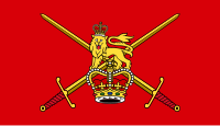 The British Lion, the crown and crossed swords on a red background