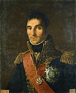 Painting shows an unsmiling man in a dark blue marshal's uniform with a red sash, much gold braid, and at least two decorations on his chest.