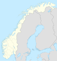 Mapa konturowa Norwegii, na dole po lewej znajduje się punkt z opisem „Kościół w Skien”