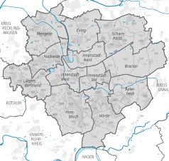 Mapa konturowa Dortmundu, blisko centrum na prawo znajduje się punkt z opisem „Dortmund Knappschaftskrankenhaus”