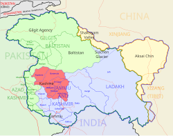 A map of the Kashmir division (in red) of the Indian UT of Jammu and Kashmir in the Kashmir region.[1]