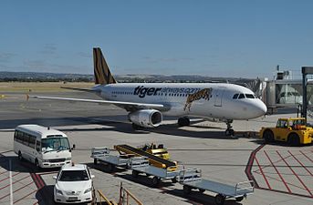 Tiger Airways A320 at Adelaide Airport terminal.