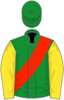 Green, scarlet sash, yellow sleeves