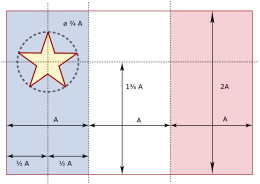 Schéma démontrant les dimensions officielles du drapeau de l'Acadie en fonction de valeur A, soit la largeur d'une bande verticale du drapeau