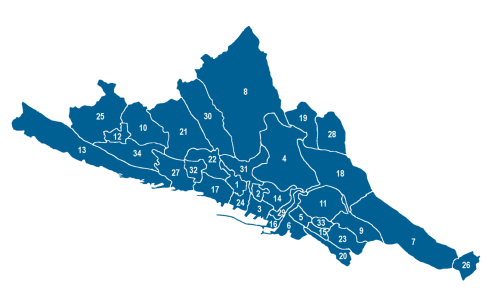 Karta som visar Rijekas lokalnämndsområden.