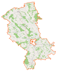 Mapa konturowa powiatu ostrołęckiego, po lewej nieco u góry znajduje się punkt z opisem „Zawady”