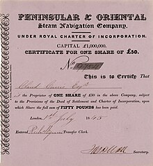 Acción de la Peninsular & Oriental Steam Navigation Company por 50 £, emitida en Londres el 1 de julio de 1845