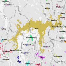 Karte, in der die Region Oslo eingezeichnet ist. Oslo erstreckt sich über mehrere Kommunen hinweg. Darum herum liegen weitere Städte und Orte.