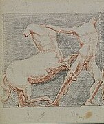 Drawing of a man fighting a centaur.