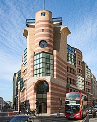 Stripes on facades – No 1 Poultry, London, by James Stirling (designed in 1988 but built in 1997)[47]