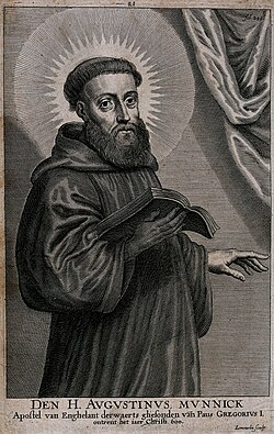 Saint Augustine of Canterbury. Line engraving by A. Lommelin Wellcome V0031641.jpg