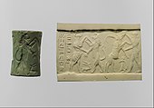 Cylinder seal and modern impression – bull-man combatting lion; nude hero combatting water buffalo; 2250–2150 BC; albite; height: 3.4 cm, diameter: 2.3 cm; Metropolitan Museum of Art (New York City)