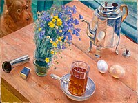 Morgon - stilleben (1918) av Kuzma Petrov-Vodkin, med teglas.