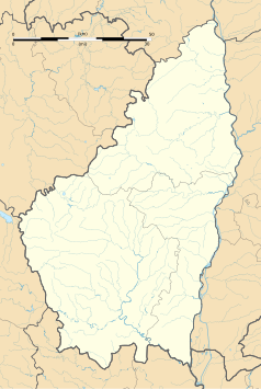 Mapa konturowa Ardèche, blisko centrum po prawej na dole znajduje się punkt z opisem „Rochessauve”