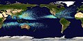 Ciclón tropical es un término meteorológico usado para referirse a un sistema de tormentas caracterizado por una circulación cerrada alrededor de un centro de baja presión, que produce fuertes vientos y abundante lluvia. Los ciclones tropicales extraen su energía de la condensación de aire húmedo, produciendo fuertes vientos. Se distinguen de otras tormentas ciclónicas por el mecanismo de calor que las alimenta, que las convierte en sistemas tormentosos de "núcleo cálido". Dependiendo de su fuerza y localización, un ciclón tropical puede llamarse depresión tropical, tormenta tropical, huracán, tifón o simplemente ciclón. En la imagen, un mapa de todos los ciclones tropicales en el mundo desde 1985 hasta 2005. Por Nilfanion.